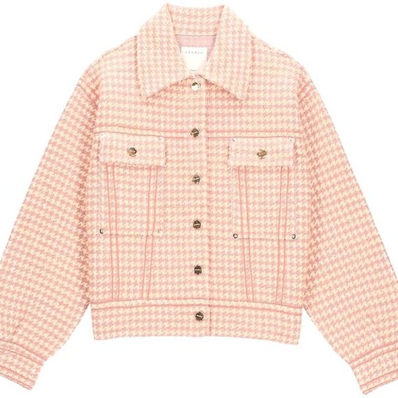 Sandro Houndstooth Tweed Jacket Light Pink - Picture 2 of 7